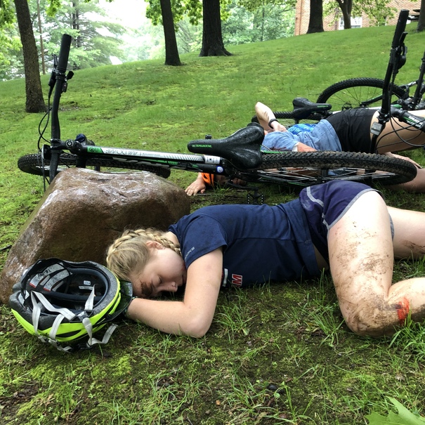 Mock patient in a simulated mountain biking accident